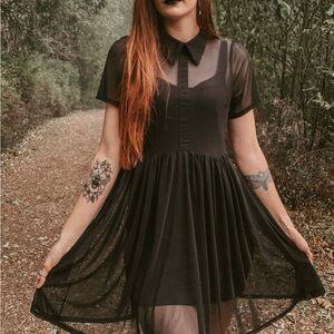 Black Sheer Mesh Collar Short Sleeve Dress - Women's